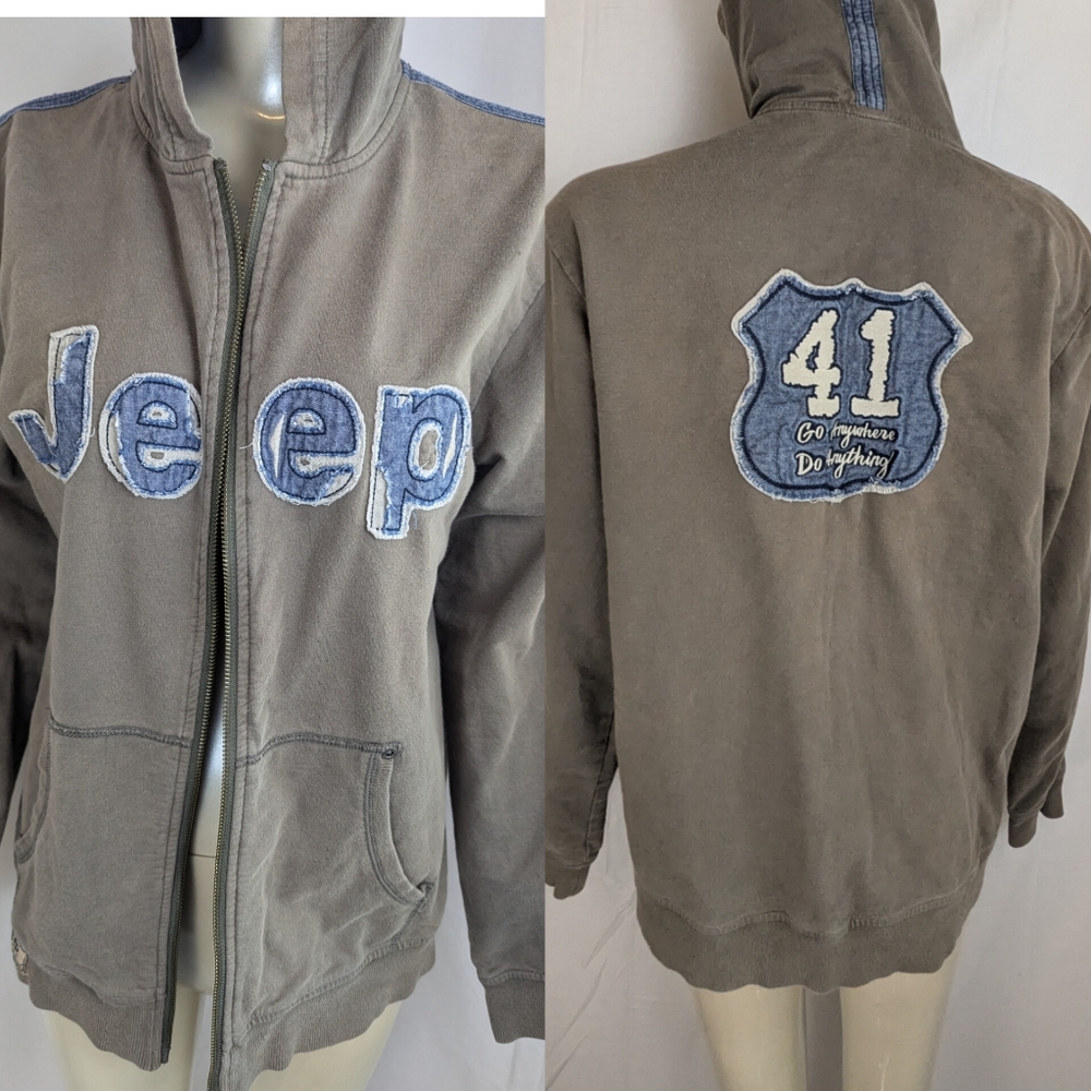 JEEP Retro Style Hoodie Light Taupe with Patches in Front/Back XL Go Anywhere